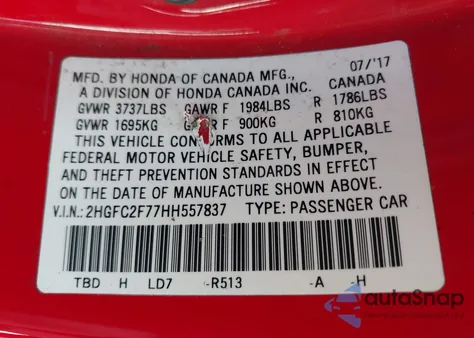 2017 Honda Civic Ex from USA, damaged, VIN 2HGFC2F77HH557837